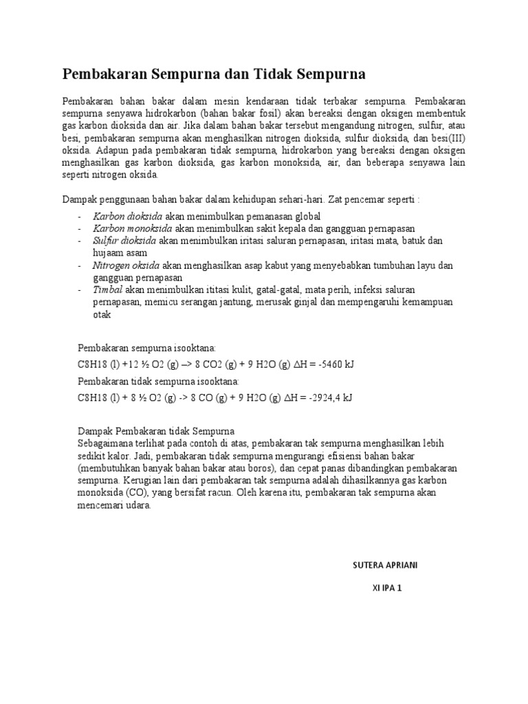 Pembakaran Sempurna Dan Tidak Sempurna