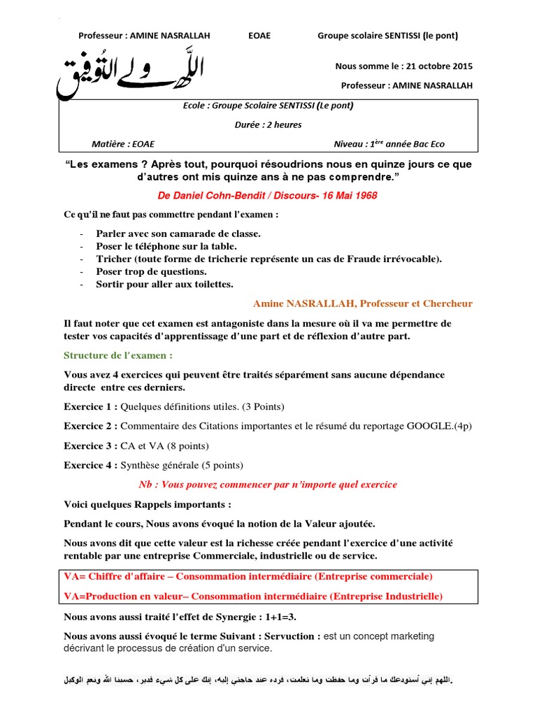 Ecole Groupe Scolaire Sentissi Le Pont Duree 2 Heures Matiere Eoae Niveau 1 Annee Bac Eco Valeur Ajoutee Capital Economie
