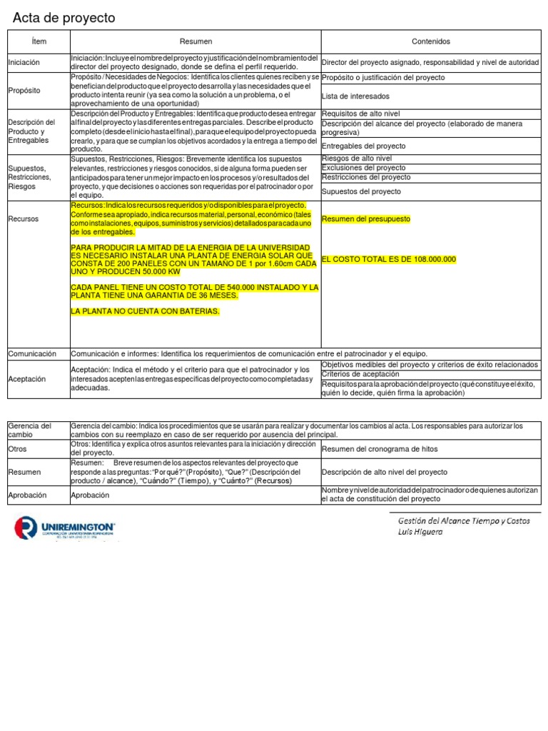 Acta de Proyecto | PDF | Presupuesto | Business
