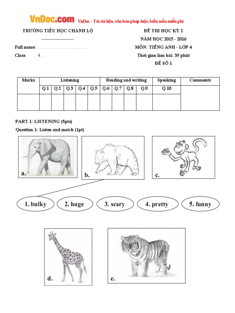 15 de Thi Hoc Ky 2 Mon Tieng Anh Lop 4 Co Dap An PDF | PDF