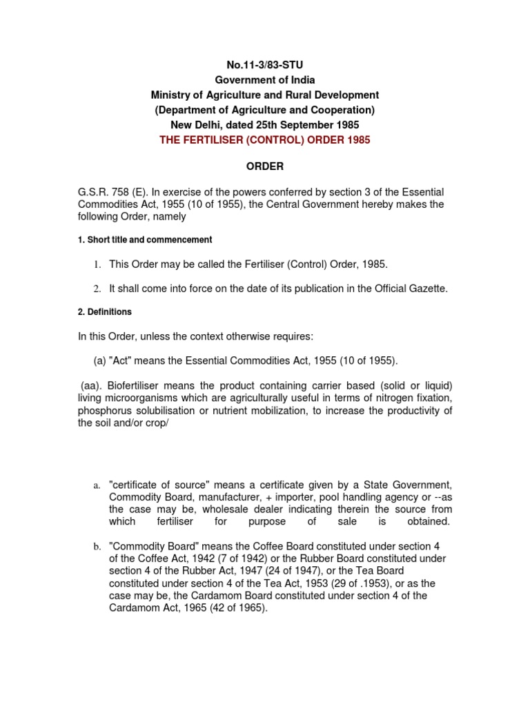 Fert Order 1985 | PDF | Controlled Substances Act | Fertilizer