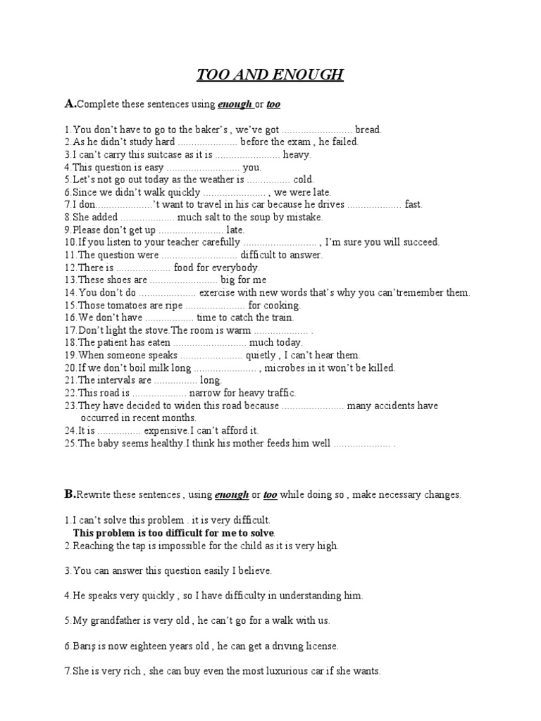 Exercises on Too and Enough | PDF | Foods