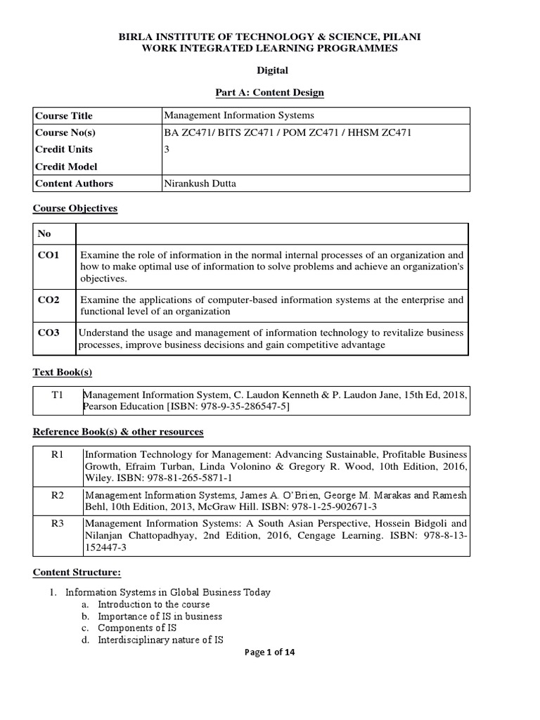 MIS Course Handout - 2018-19 Second Sem - WILP BITS Pilani | PDF | E ...