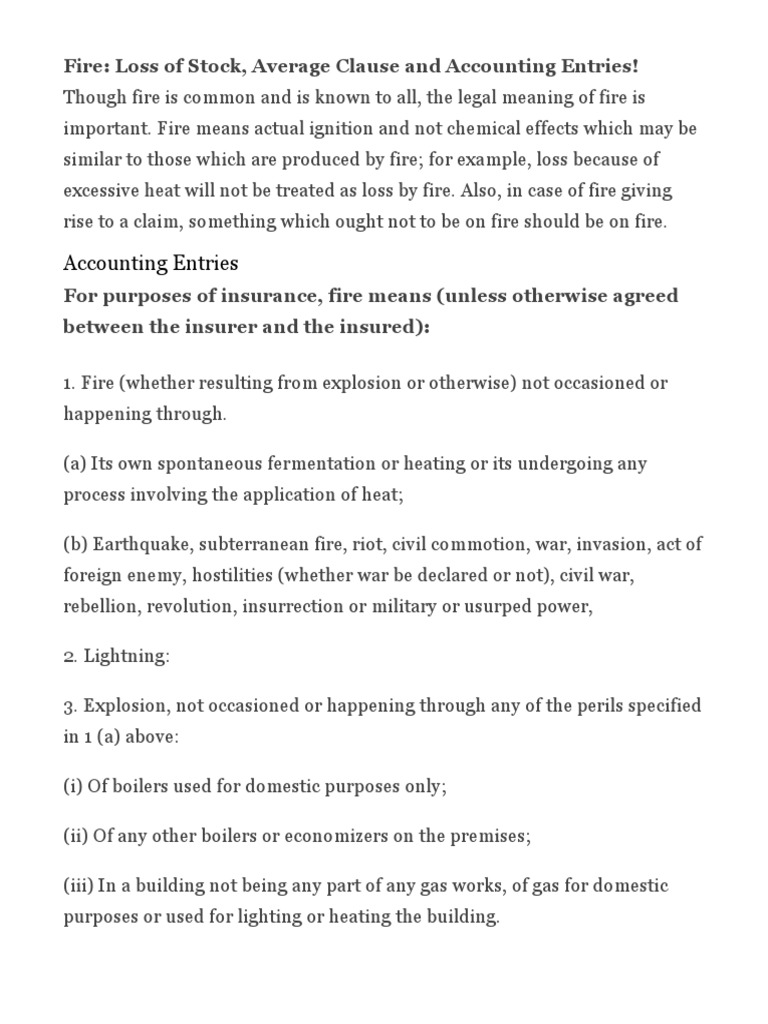 Accounting Entries Fire Loss of Stock, Average Clause and Accounting