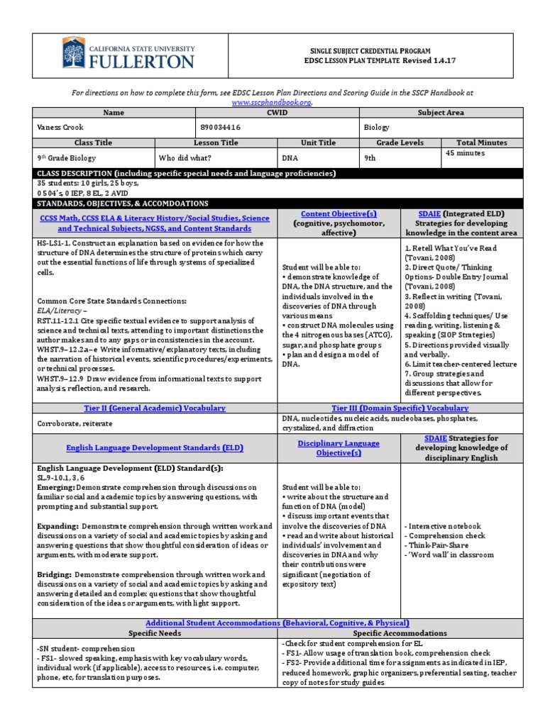 For Directions On How To Complete This Form, See EDSC Lesson Plan ...