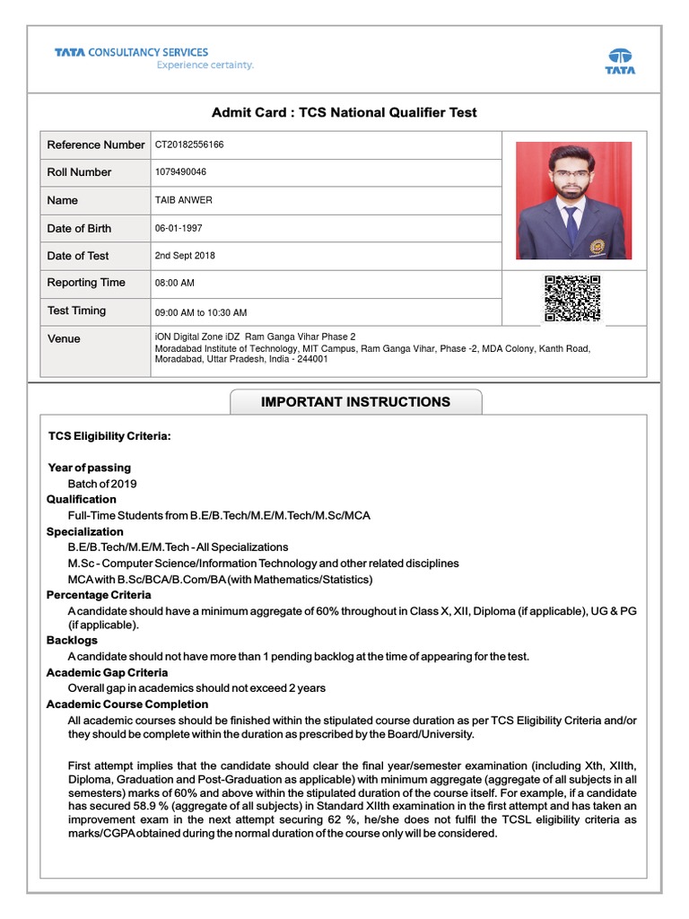 TCS NQT Admit Card Instructions | PDF | Driver's License | Test ...
