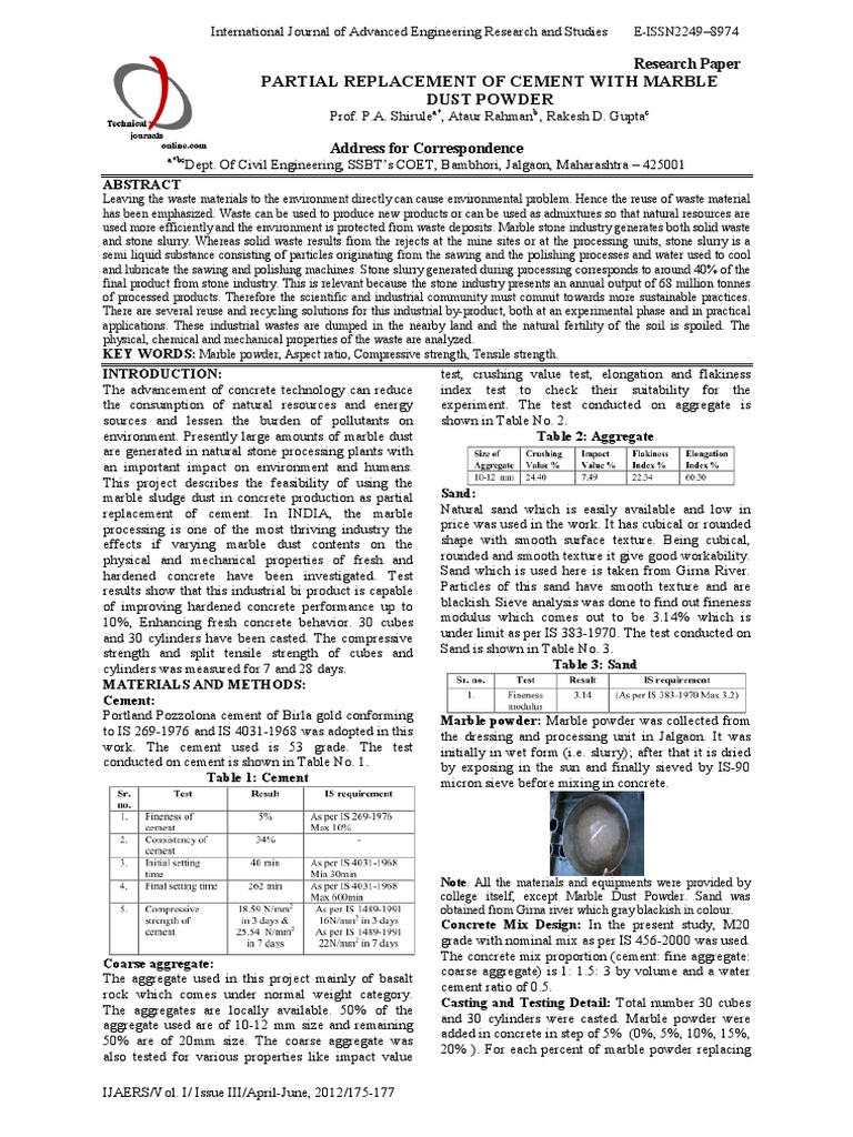 Cement Replacement with Marble Dust | PDF | Concrete | Cement