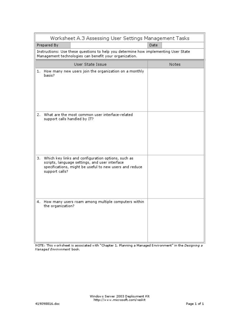 Worksheet A.3 Assessing User Settings Management Tasks: User State ...