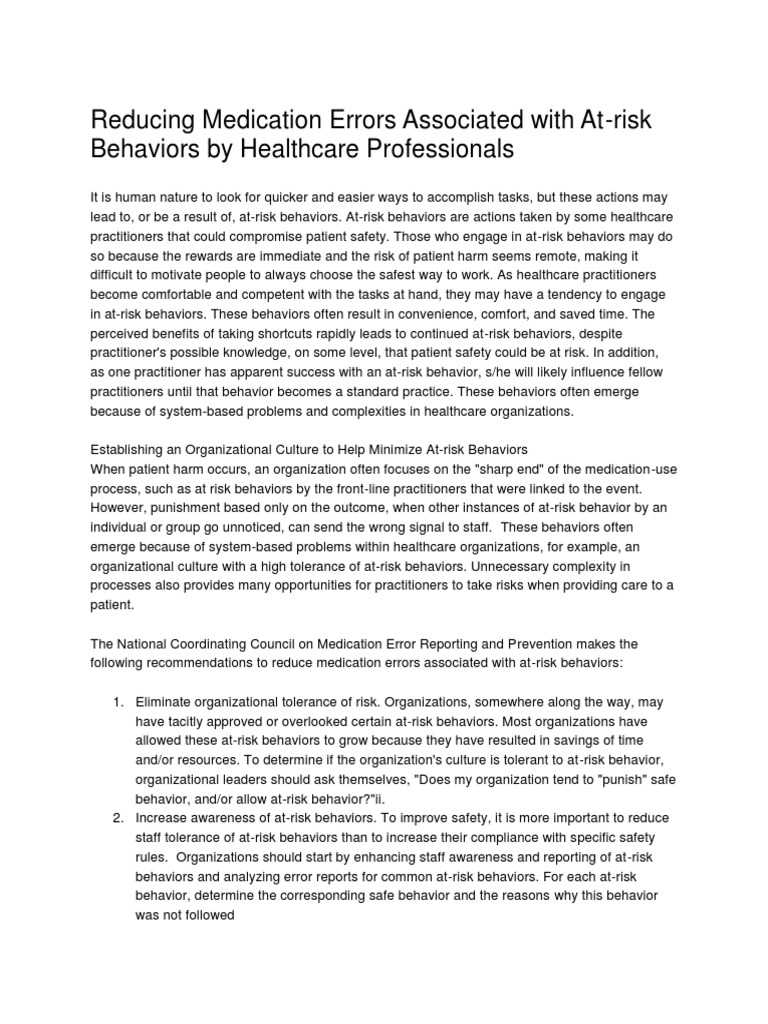 Reducing Medication Errors Associated With At Risk Behaviors By