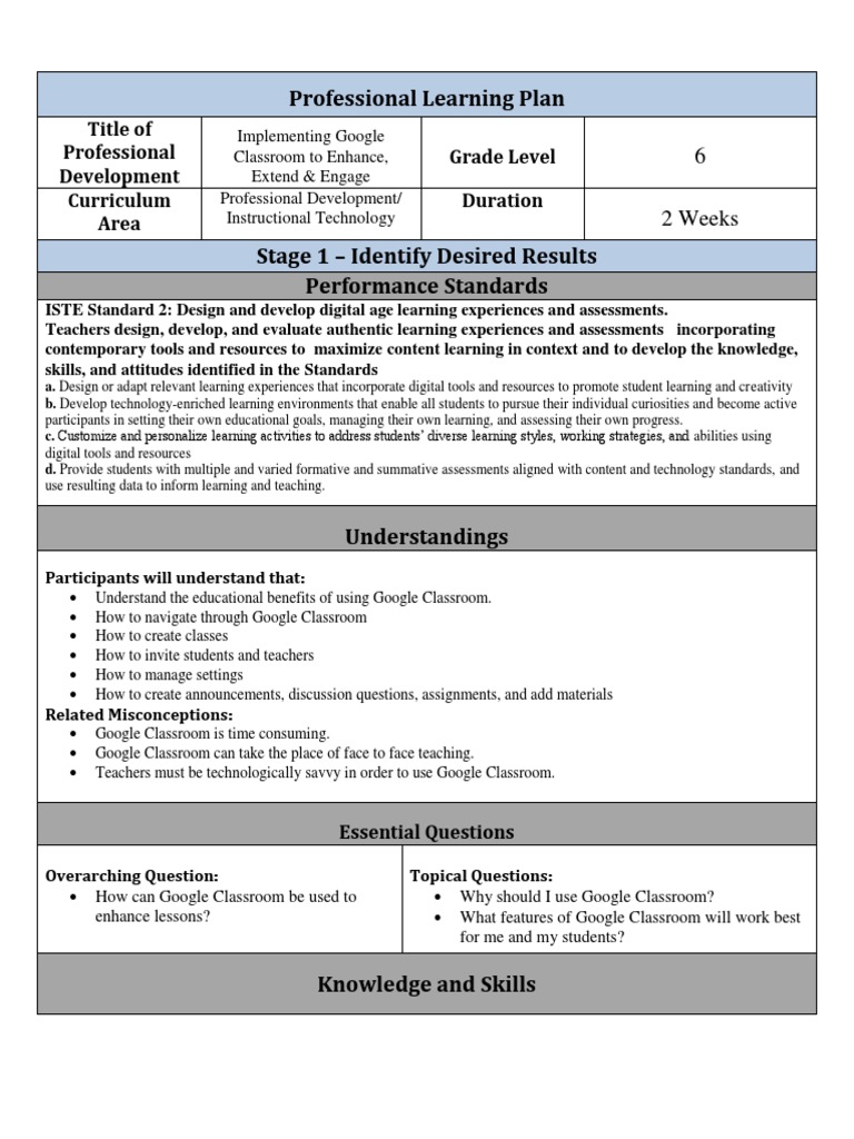 Professional Learning Plan Title Of Professional Development Grade