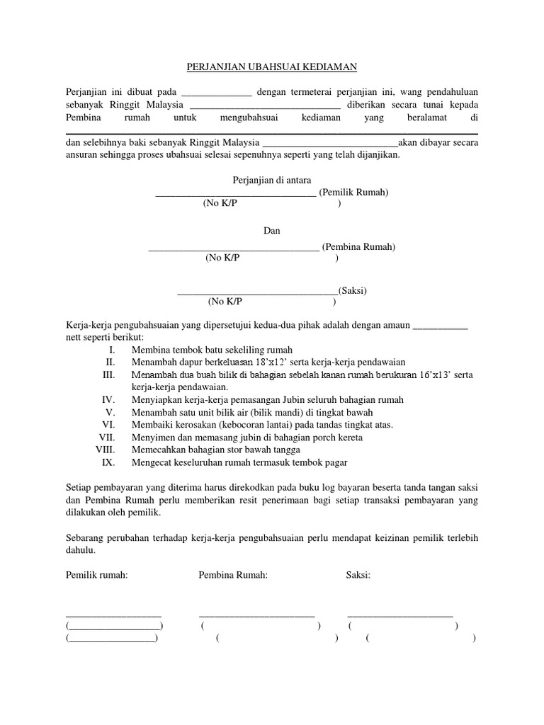 Surat Perjanjian Ubahsuai Rumah Pdf