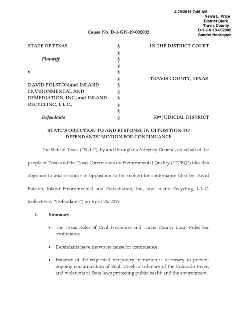 2019.04.29 Opp To Motion For Continuance PDF Continuance Injunction