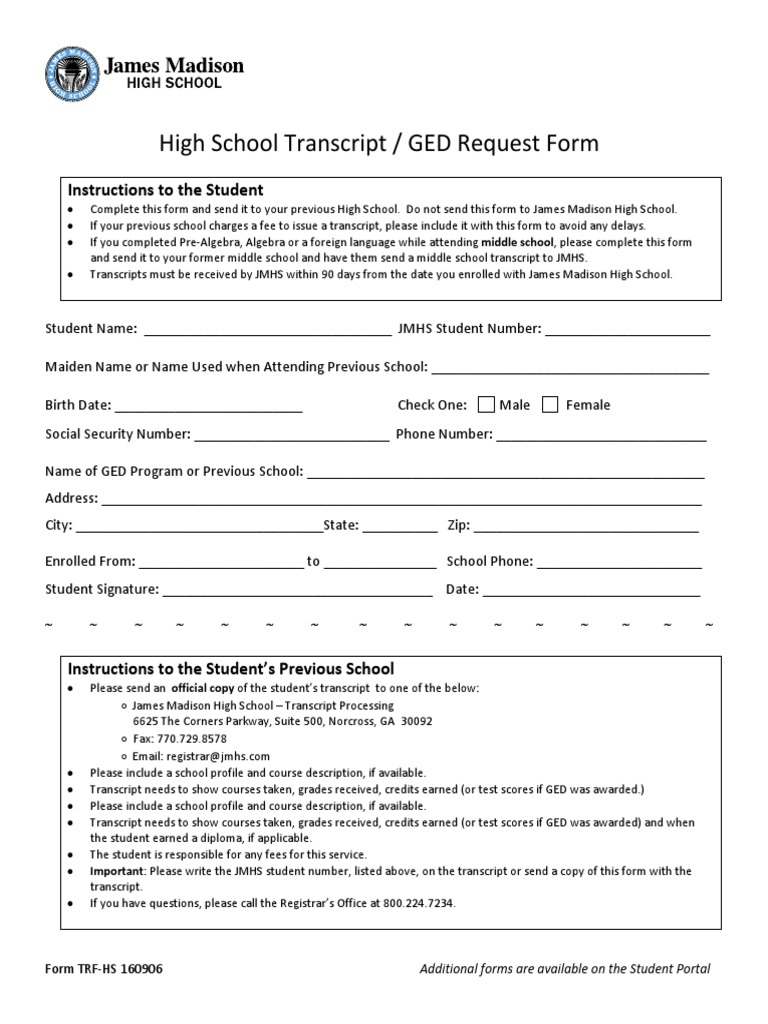 High School Transcript / GED Request Form: Instructions To The Student ...
