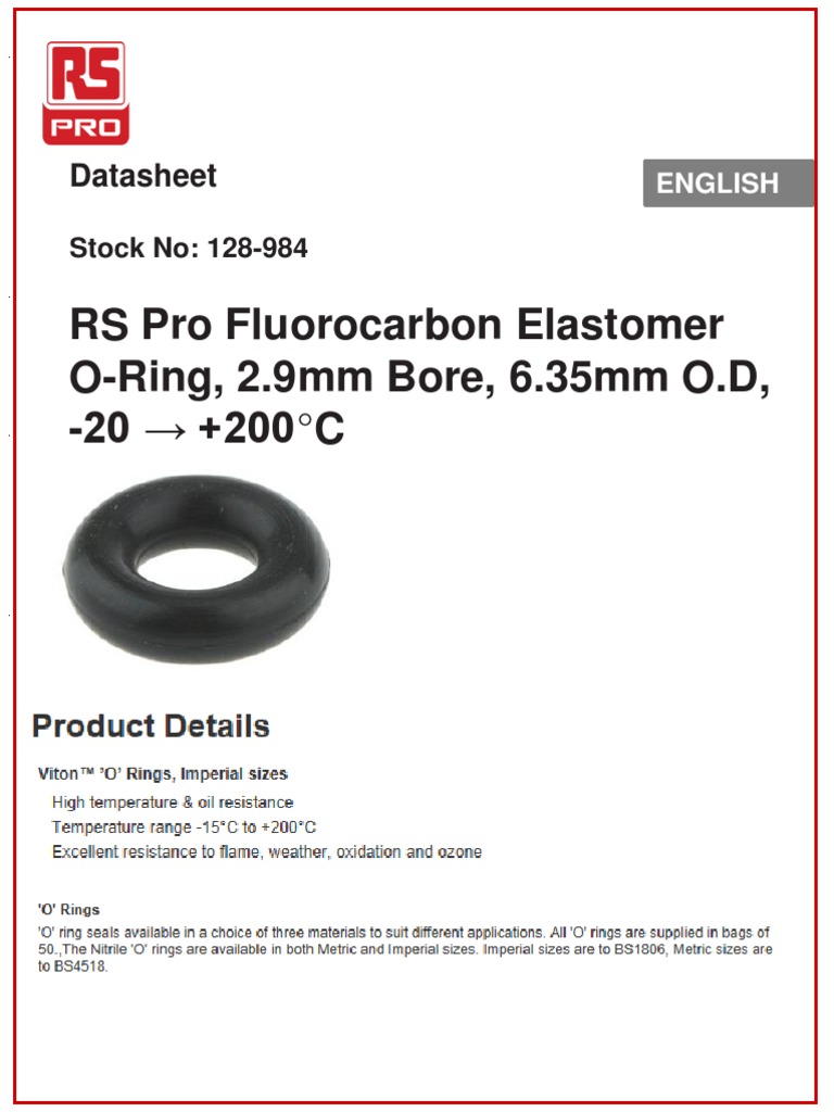 RS Pro Fluorocarbon Elastomer ORing, 2.9mm Bore, 6.35mm O.D, 20 +200