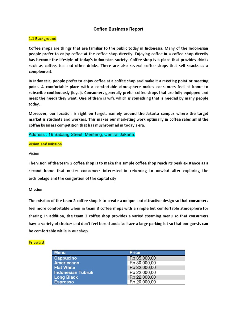 Coffee Business Report Menu Price Cappucino Americcano Flat White