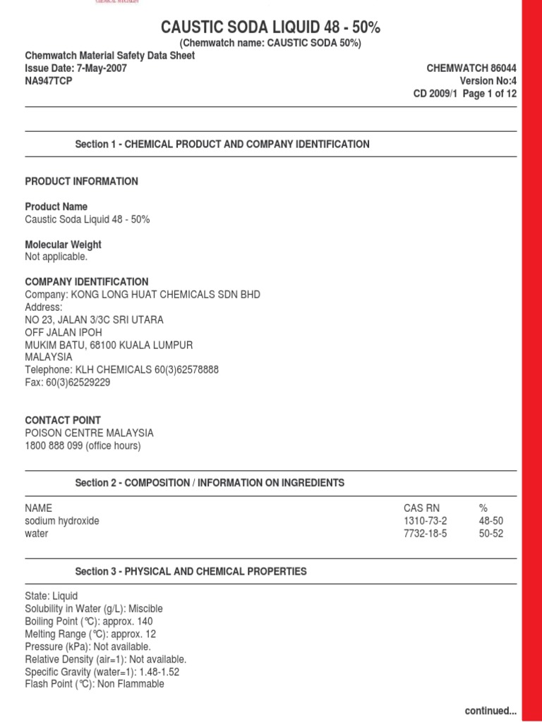 Caustic Soda Liquid 4850 PDF Sodium Hydroxide Toxicity