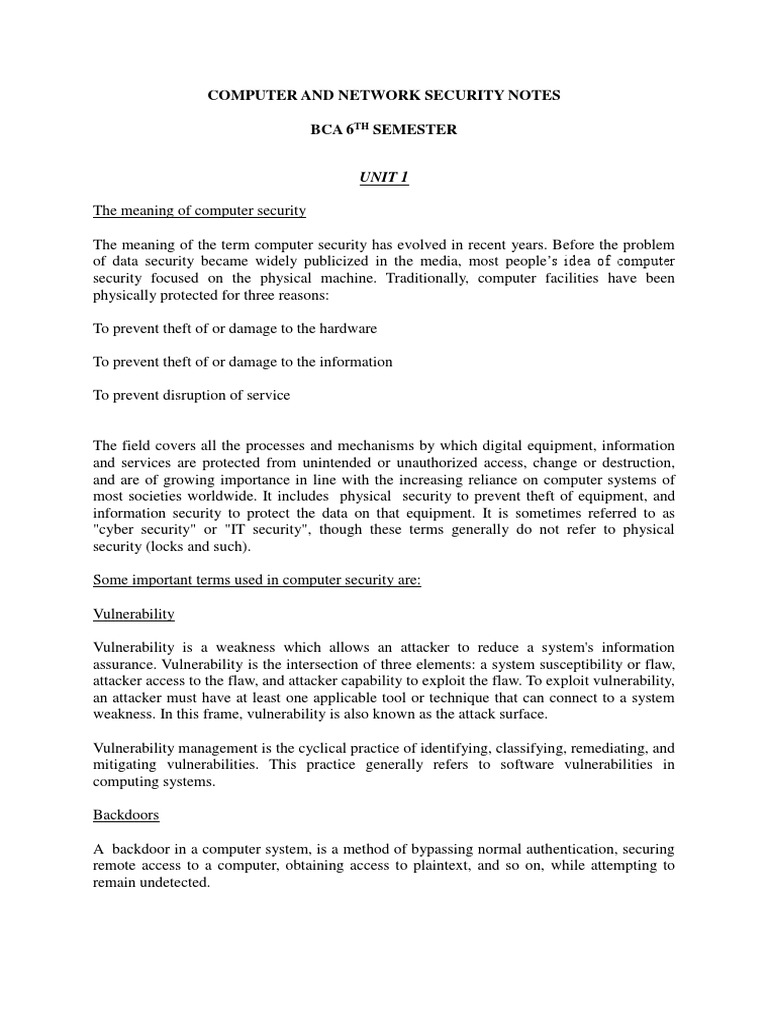 Computer and Network Security Notes Bca 6 Semester Unit 1 PDF