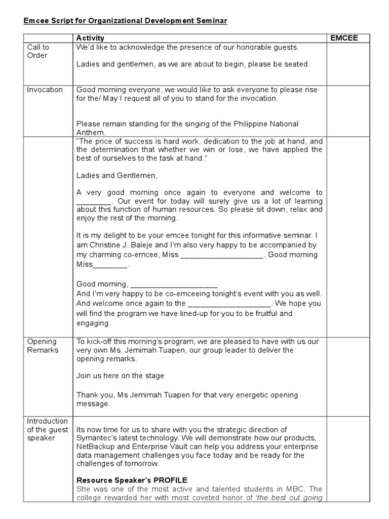 Emcee Script | PDF