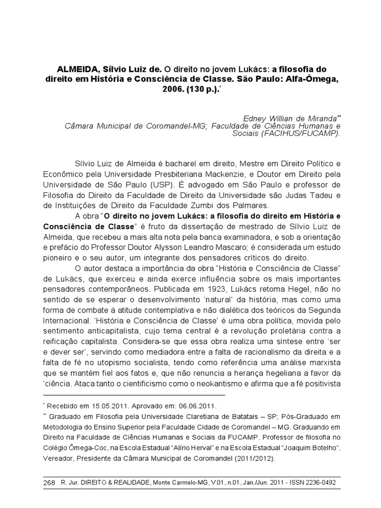 O Direito No Jovem Lukács A Filosofia Do Direito em História e Consciências de Classe Silvio