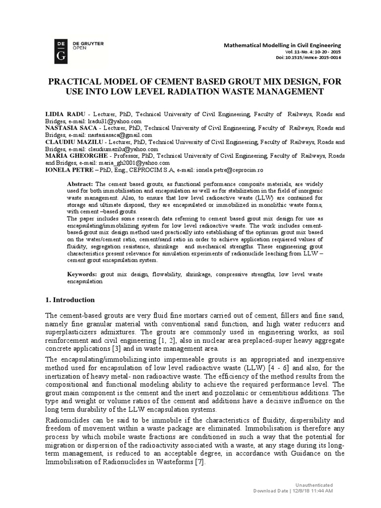 Civil Engineering Practical Model of Cement Based Grout Mix Design For ...