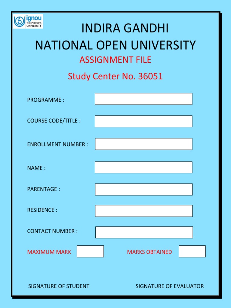 indira gandhi national open university assignment front page pdf