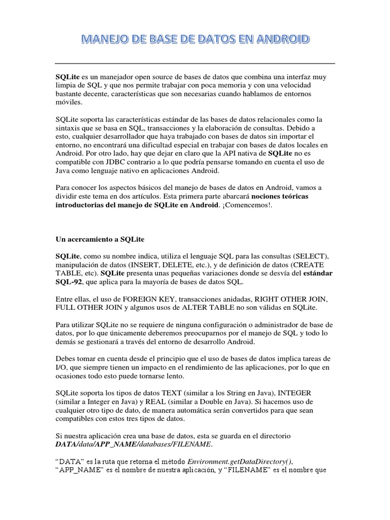 Introducción a SQLite en Android | PDF | SQL | Tecnologías de la ...