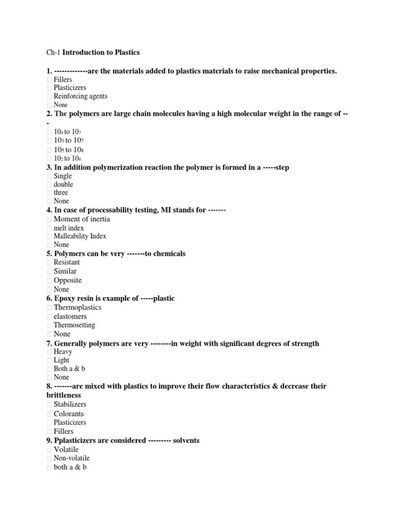 MCQ Plastics Word PDF Welding Construction