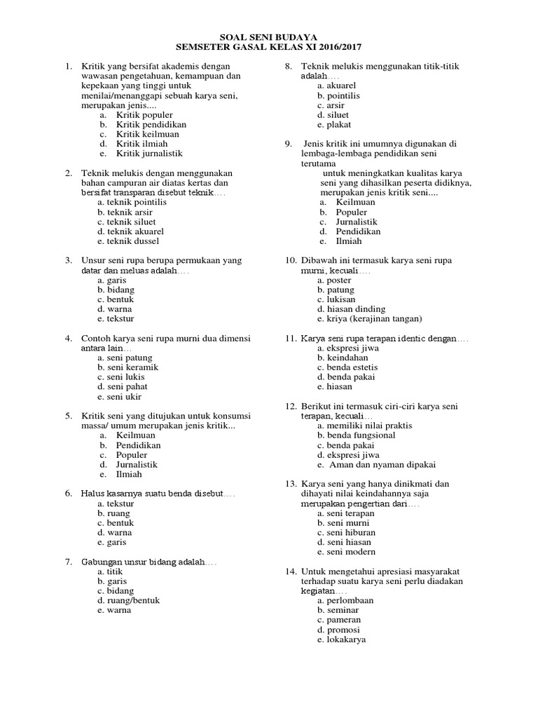 Kisi Kisi Kelas Xii Soal Seni Budaya Pdf