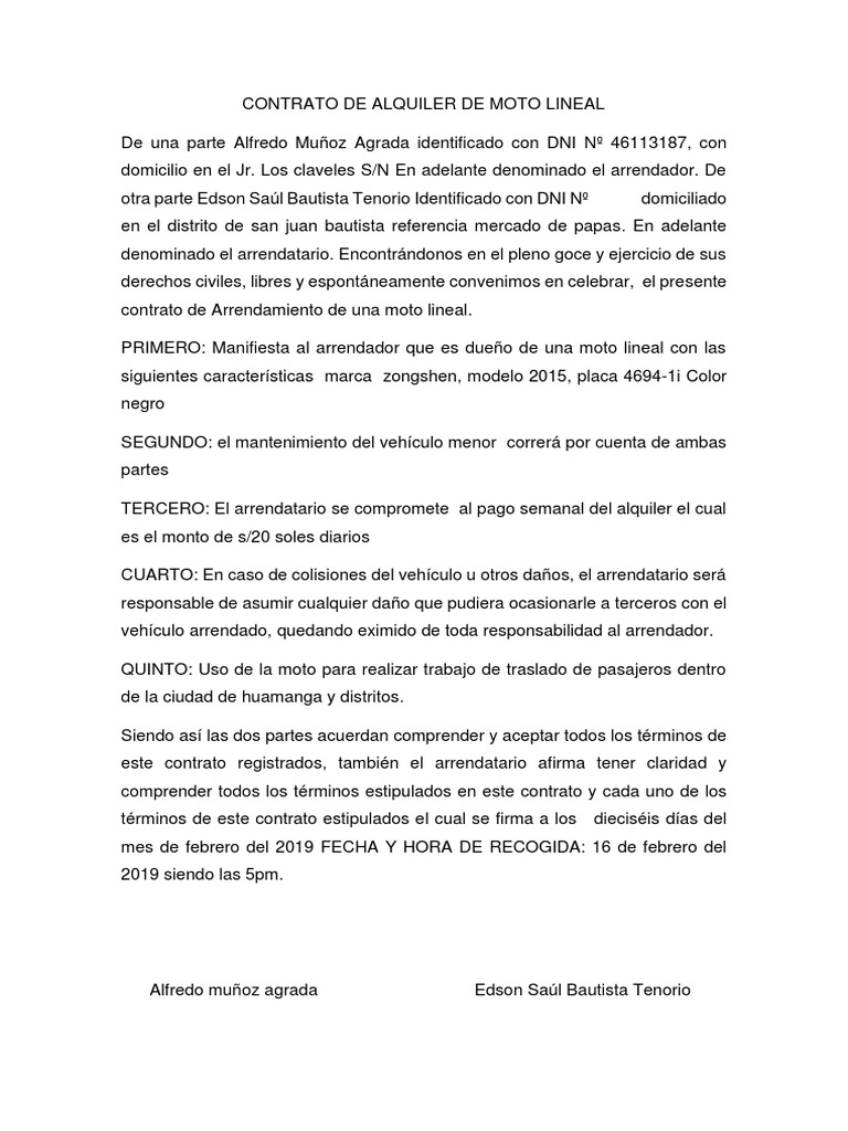 Contrato de Alquiler de Moto Lineal | PDF