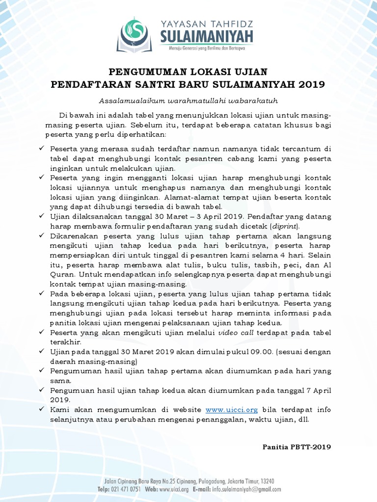 Pengumuman Lokasi Ujian Pbtt 2019