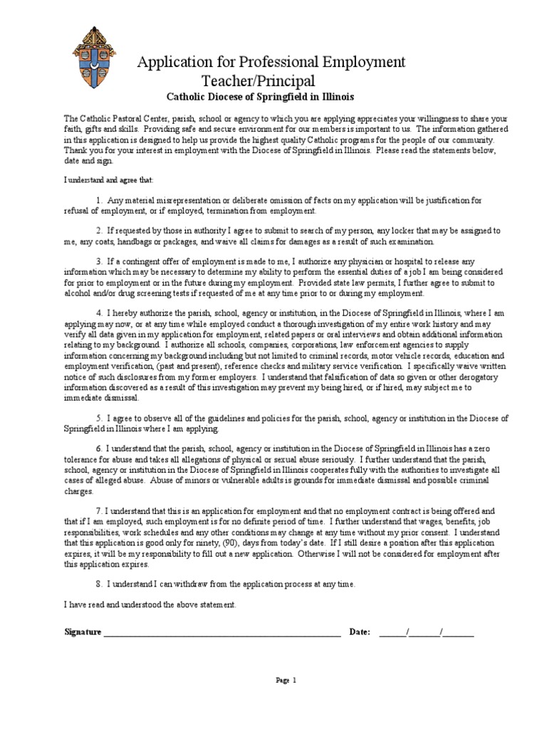 Teacher Principal Application | PDF | Catholic Church | Criminal Record