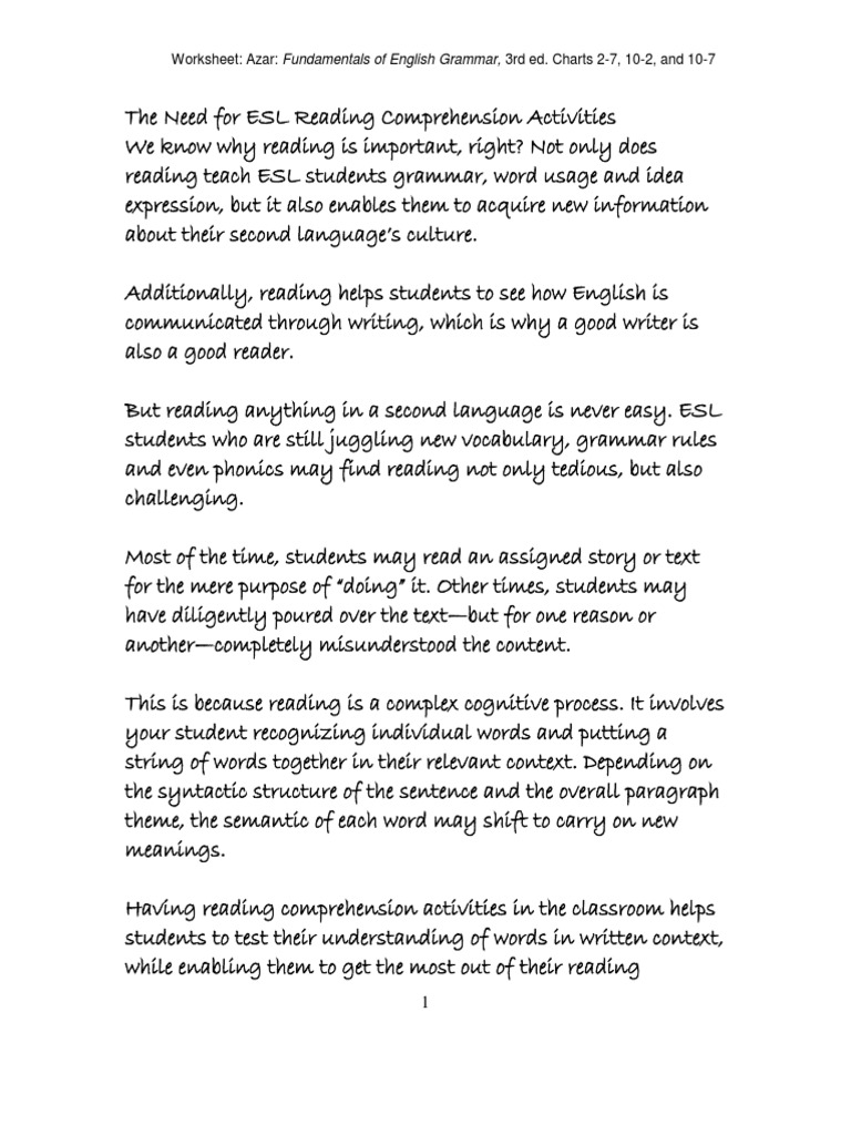 The Need For ESL Reading Comprehension Activities | PDF | Reading ...