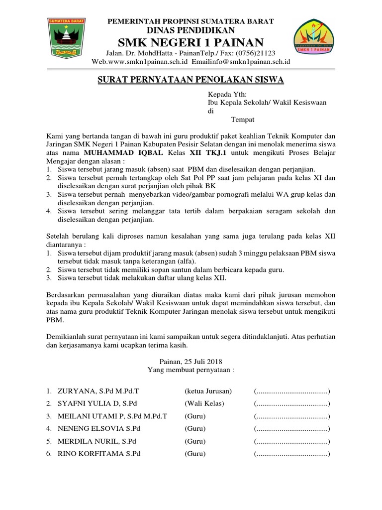 Surat Penolakan Siswa Pdf