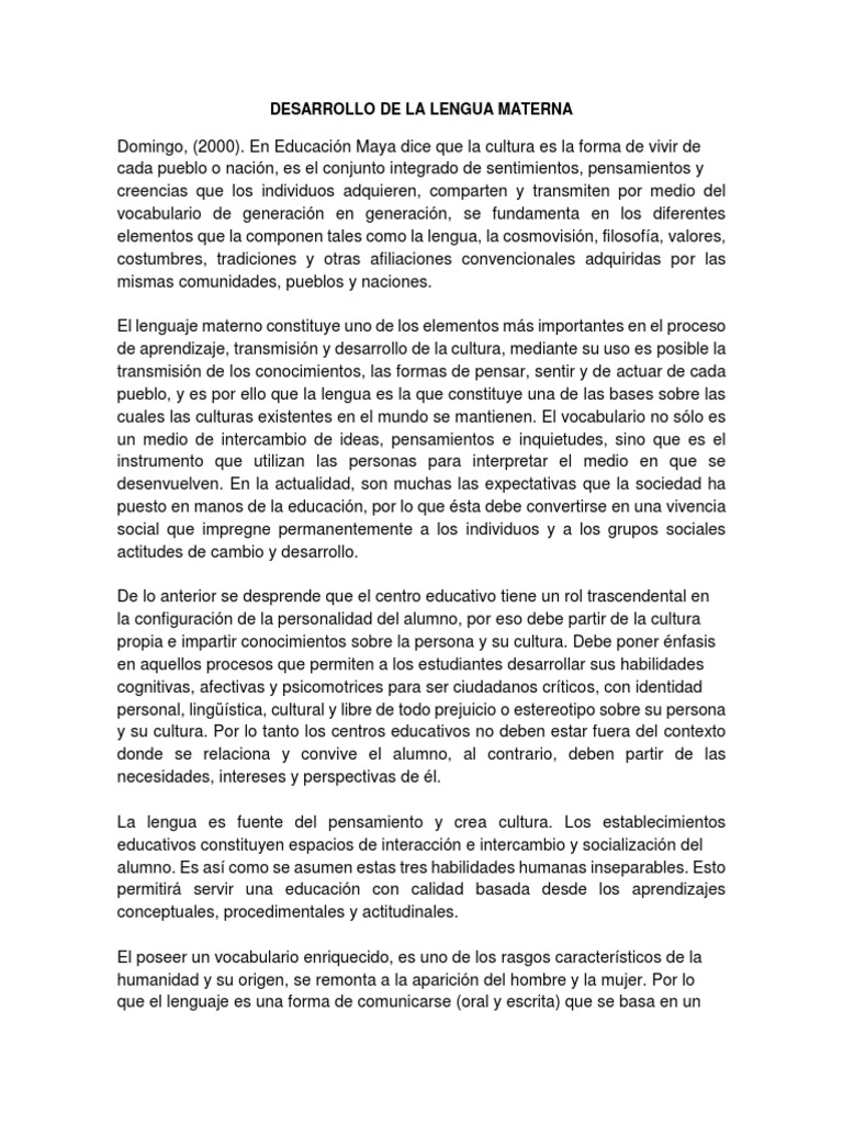Importancia de la Lengua Materna en Educación | PDF | Primer idioma ...