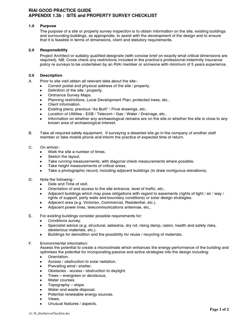 RIAI Site Survey Checklist PDF Architect Surveying