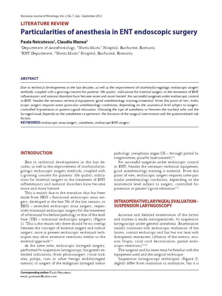 07 RJR 08 Particularities of Anesthesia in ENT Endoscopic Surgery | PDF ...
