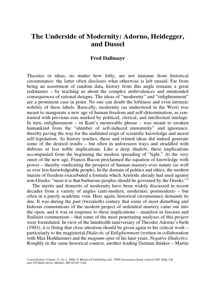 DALLMAYR, Fred. The Underside of Modernity Adorno, Heidegger, and