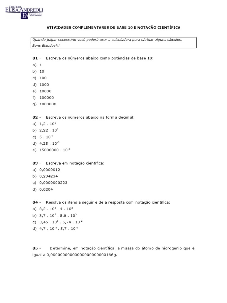 Notação Científica Exercícios de Fixação, PDF, Exponenciação