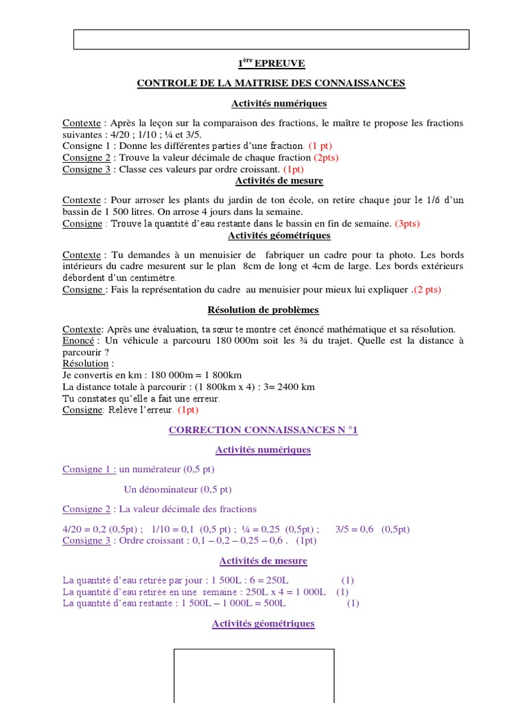 Probleme De Fraction 5eme Avec Corrigé Pdf 66 Épreuves de Maths PDF | PDF | Fraction (Mathématiques) | Zone