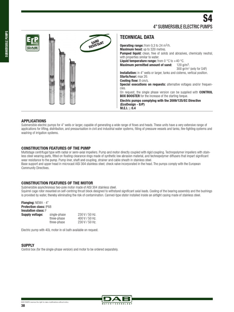 4" Submersible Electric Pumps: Technical Data | PDF | Pump | Machines