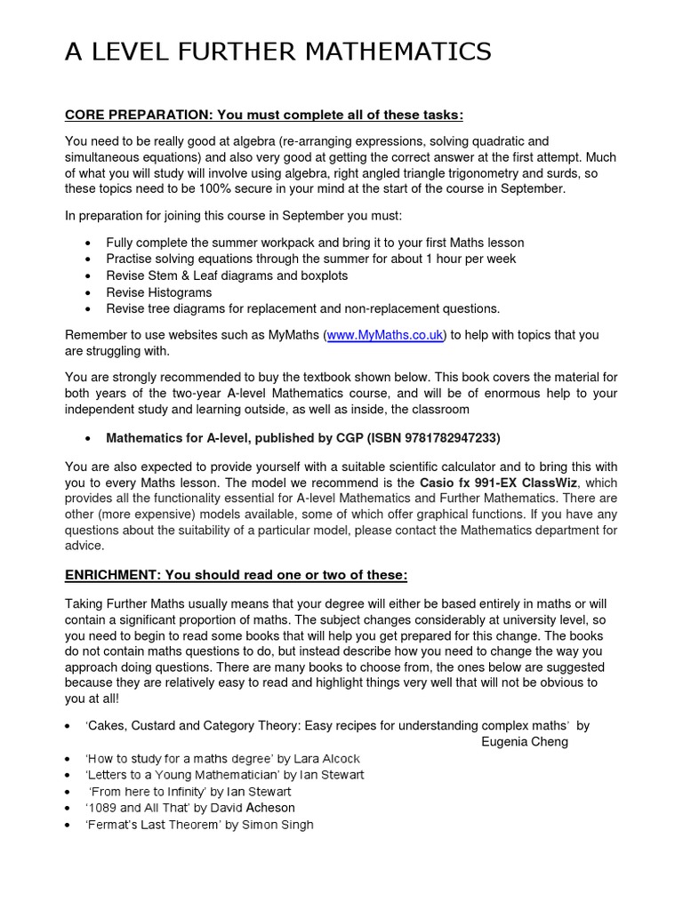 A Level Further Maths Core Prep Pdf Teaching Mathematics Science