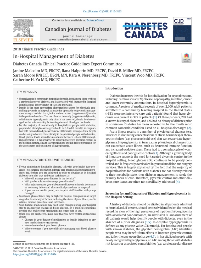 Canadian Journal of Diabetes: 2018 Clinical Practice Guidelines | PDF ...