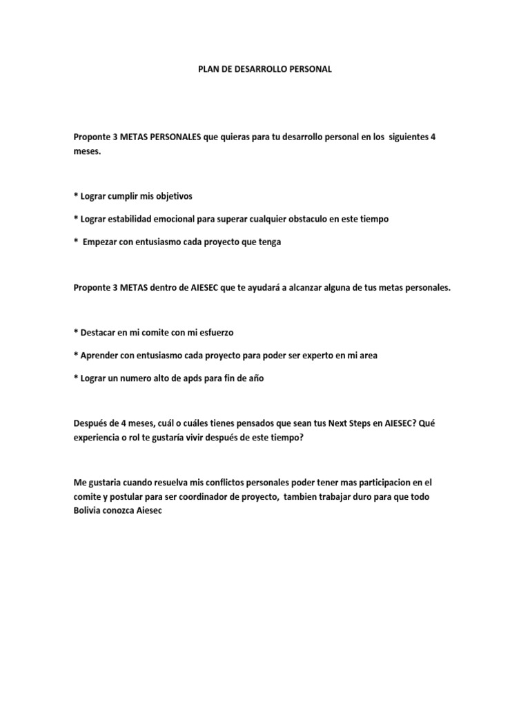 Plan de Desarrollo Personal en AIESEC | PDF | Crecimiento personal y ...