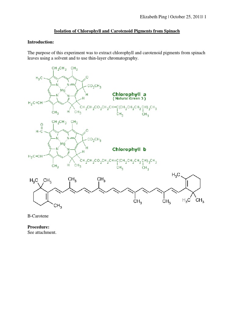 Isolation of Chlorophyll and Carotenoid Pigments From Spinach PDF Thin Layer Chromatography