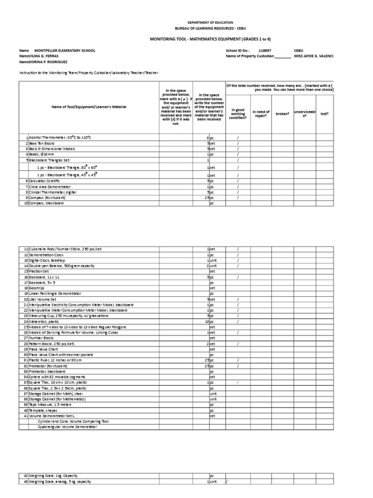 Monitoring Mathematics Equipment Inventory | PDF | Volume | Geometry