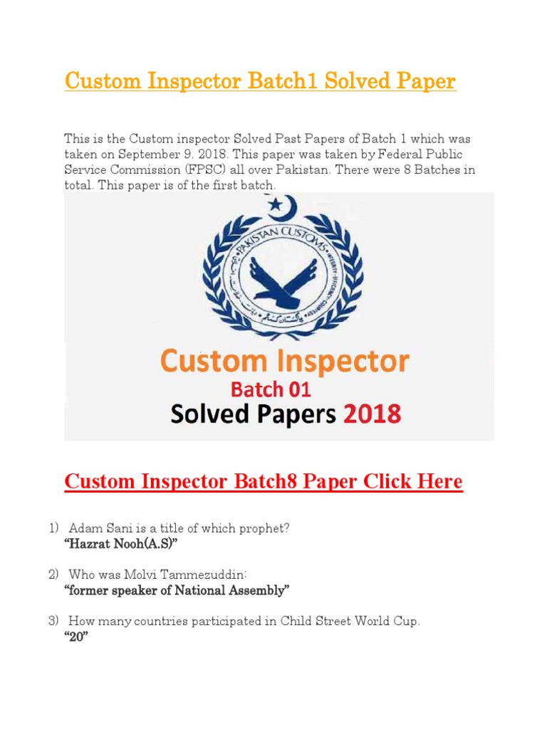 Custom Inspector Batch1 Solved Paper | PDF | Excise | Taxation