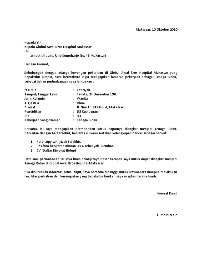 Contoh Surat Lamaran Kerja Di Rumah Sakit Eka Hospital
