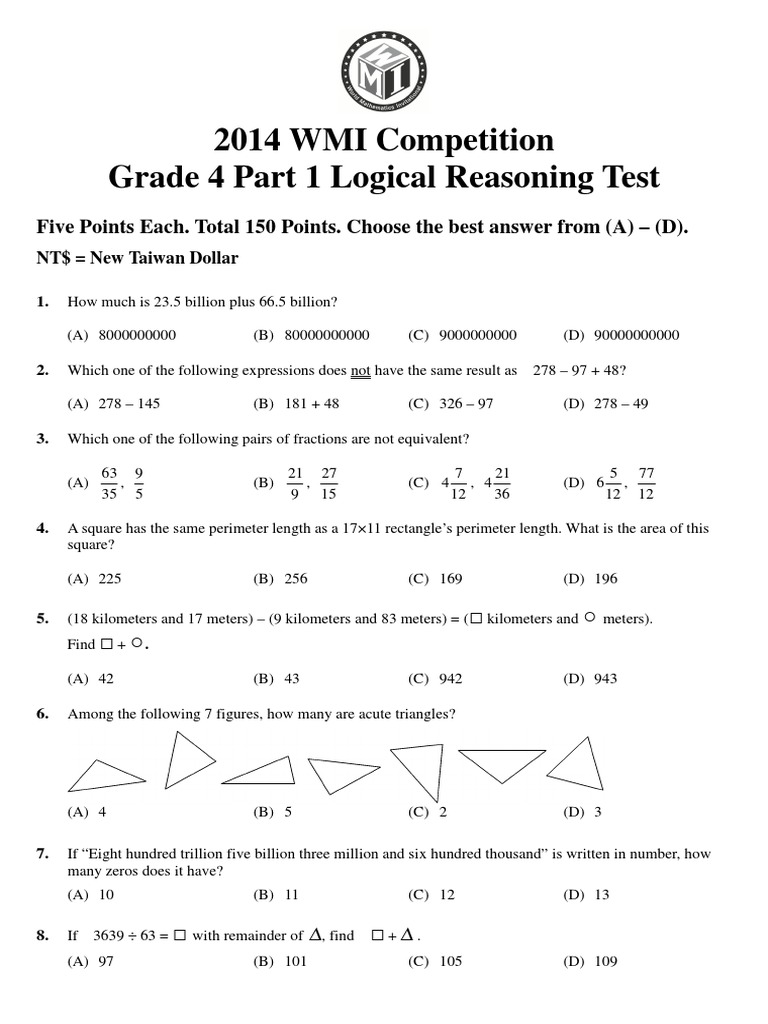 2014 WMI Competition Grade 4 Part 1 Logical Reasoning Test | PDF | Area ...