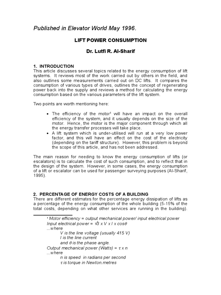 8 Lift Power Consumption PDF Transmission (Mechanics) Elevator