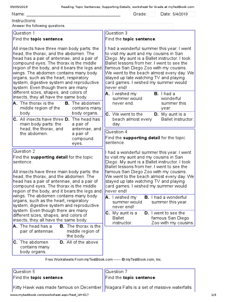 reading-topic-sentences-supporting-details-worksheet-for-grade-insects-wright-brothers